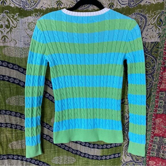 Y2K Lilly Pulitzer Blue/ Green Logo Striped Cable Knit Sweater Size Extra Small - Picture 9 of 16